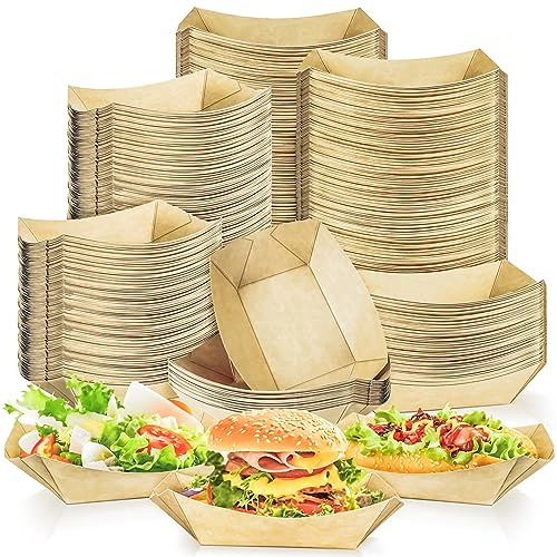 MotBach 200 Pack 2lb Kraft Paper Food Trays Disposable Paper Boats, Heavy-Duty Food Boats, Paper Food Serving Boat Tray Basket for Snacks Popcorns BBQ Sandwich Burgers Hot Dogs Tacos Fries Nachos