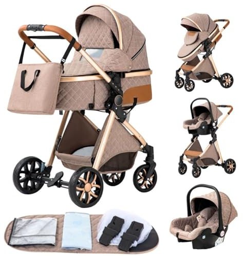 YAZOCO kinderwagen 3 in 1,Kombikinderwagen reisesysteme mit tragbar Wickeltasche Moskitonetz Regenschutz Fußsack, Zusammenklappen, Liegeposition Hohe Landschaft (Khaki)