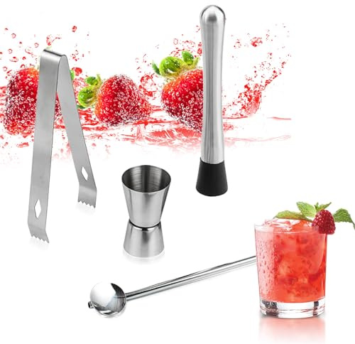 Stainless Steel Cocktail Muddler e punteruolo con cucchiaio da cocktaill, accessori da barista, set da 4 pezzi, set di attrezzi per mescolare deliziosi cocktail