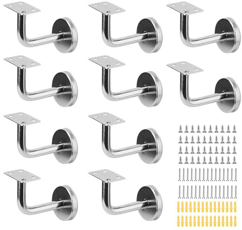 ZEONHAK 10 PCS Silver Stair Handrail Brackets, 60 x 80mm Stainless Steel Bannister Rail Brackets, Wall Mounted Handrail Fixing Brackets with Screws & Expansion Tubes for Stair Handrail