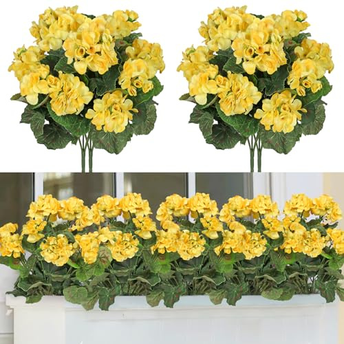TOCHGREEN Künstliche gelbe Geranien-Seidenblumen, für den Außenbereich, 2 Bündel, Kunstblumen, Geranien für den Außenbereich, florale Heimdekoration, Innenbereich, Garten, Terrasse, Vase, Grab,
