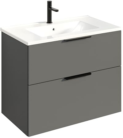 Bernstein Badmöbel-Set Tim 80cm Waschbeckenunterschrank mit Waschtisch, Unterschrank in Anthrazit matt, Griffe in Schwarz,Keramik-Waschbecken vormontierter Unterschrank, feuchtigkeitsresistent