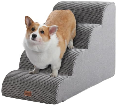 Ezkamfort Hundetreppe für Kleinen Hunde, 4 Stufen rutschfest Haustiertreppe Katzentreppe, Hunderampe aus Schwamm für Sofa Bett, Hunde Treppen mit Abnehmbarer Bezug,Grau