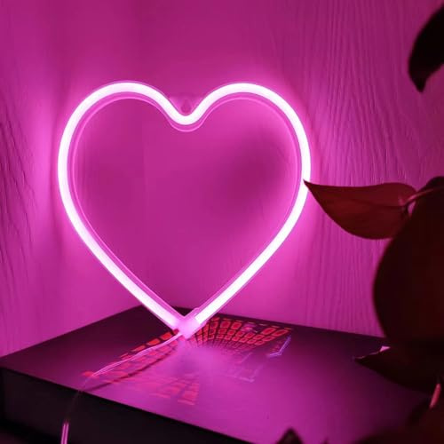 LED Neon Herzschild, Love Heart Neonlicht für Mädchenzimmer, Rosa Schlafzimmer Wohnheimdekor, USB oder Batteriebetriebene Herzlampe für Hochzeit, Valentinstag, Muttertag(1 Stück Rosa)