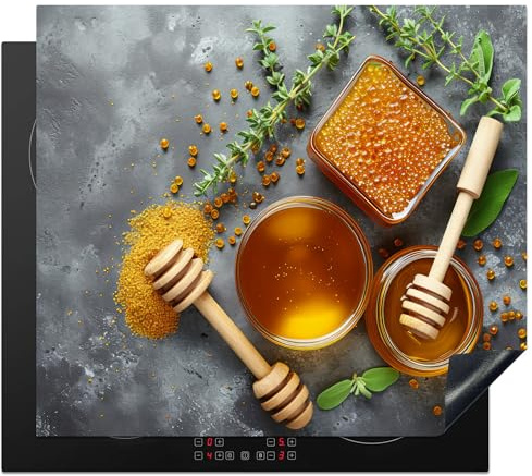 KitchenYeah© Protection Plaque Induction Protege Deco Cuisine Cache Protège | 60x52 cm - De Cuisson Accessoire Gadget Miel - Béton - Cuillère à miel - Cuisine