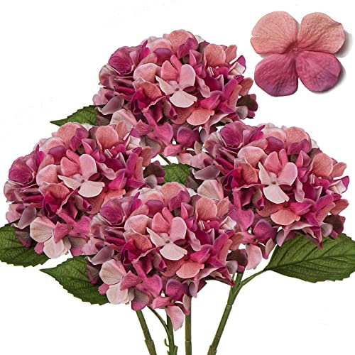 Hollyone 4 STK Künstliche Hortensien Rosen Rot, Ø 19cm Kunstblumen Hortensien Wie Echt für Brauthochzeitssträuße, Haus, Büro, Hotel, Partydekoration, Mittelstücke, Blumenarrangements