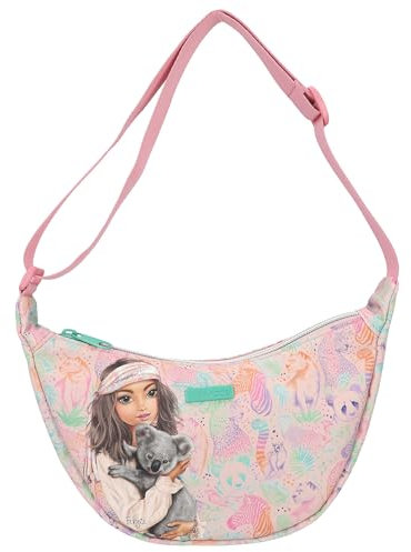 Depesche 12793 TOPModel Wild - Kleine Halbmond Umhängetasche in Rosa, mit Model Motiv und buntem Tier Muster, Tasche mit verstellbarem Schultergurt