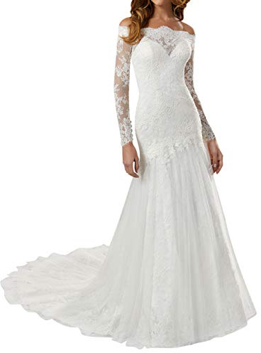 TAIGUHUI Abito da Sposa, Abito di Pizzo off-The-Spalla, Sirena Manica Lunga con Treno, Colori Crema, 38