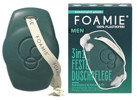 Foamie Men 3in1 Feste Duschpflege Back to the Roots - Für Körper, Gesicht & Haare - Mit Babassu- & Eukalyptusöl - pH-hautneutral - Vegan & Plastikfrei, 90g