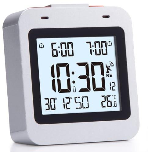 VINILITE Sveglia Digitale da Comodino Radiocontrollata con Temperatura, Orologio da Tavolo, Sveglia da Viaggio a Pile, Argento