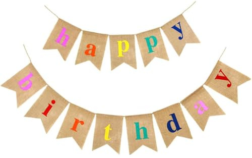 Happy Birthday Leinen Wimpel Girlande, Geburtstag Wimpelkette, Vintage Hessischen Wimpelkette mit 13 STK Wimpeln für Party Dekoration