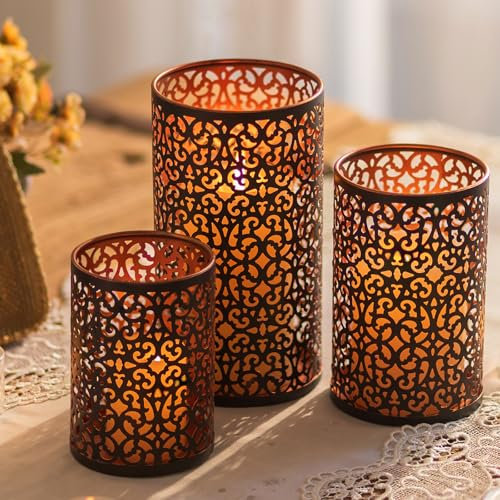 Romadedi Windlicht Metall Kerzenhalter Teelichthalter：3er Set Schwarz Gold Vintage Kerzenständer für Stumpenkerzen Kerzen Windlichter für Tischdeko Outdoor Orientalische Wohnzimmer Home Deko