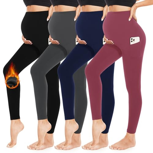 4 Pack Women’s Fleece Lined Maternity Leggings with Pockets Over The Belly Band Thick Warm Cute Women's Activewear Clothings Maternity Joggers No Leather Flare No Maternity Christmas Sweater