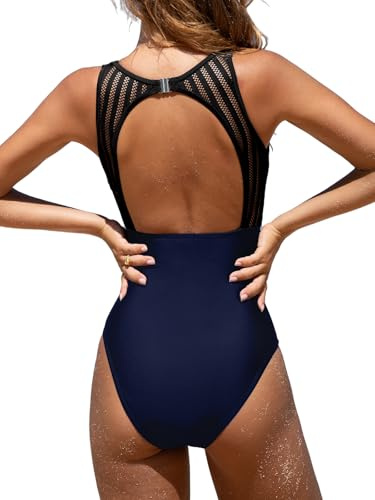 CUPSHE Costume da bagno da donna con scollo alto, effetto pancia piatta, arricciature, tessuto a rete, senza schiena, elegante, costume da bagno intero, Blu mare, M
