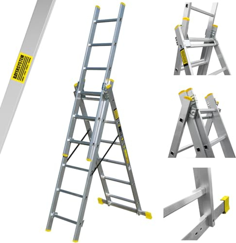 Bayersystem BS-DW 3x6 Mehrzweckleiter, 3x6 Sprossen, 3-teilige Alu-Kombileiter, bis 150 kg belastbar, max. Arbeitshöhe 4,05 m, Klappleiter, Multifunktionsleiter, Stehleiter, Silber/Gelb
