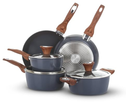 KASANOVA Batteria pentole 8 pezzi New Ceramic, Set pentole induzione con rivestimento ceramico, Set padelle antiaderenti e casseruole con coperchio in vetro, Batteria ottanio