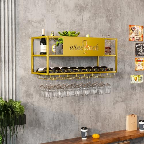 AKOGG Weinregal Zur Wandmontage,Flaschenregal,Wein Regal Aus Metall,Weinflaschenhalter,Bar-Weinregal Mit Glashalter,Weinglas Flasche Regale,Weinregale,Getränkeregal,Weinglashalter(Gold)