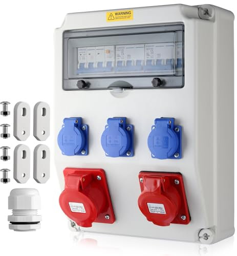 EYPINS Baustromverteiler mit LS+FI, Wandverteiler 3x 230V Schuko-Steckdosen, 2x CEE-Steckdosen 16A/32A Stromverteiler IP66 Wasserdicht, flammhemmende ABS Verteiler für Innen/Außen Werkstätten Fabriken