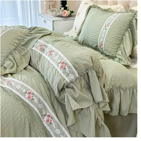 Princess Soft Seersucker Bedding Set Girls Elegant Lace Duvet Cover with Sheet Soft Washed Cotton French Romantic Home Textiles,Bed