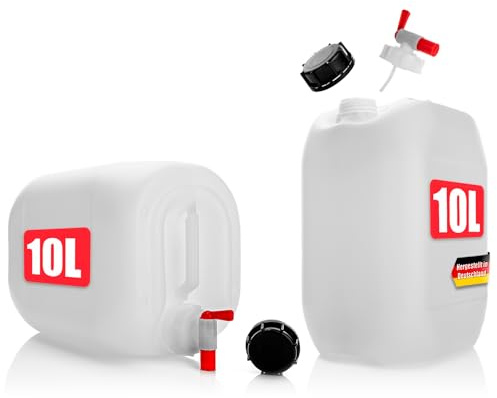 BigDean 2 Wasserkanister 10L mit Auslaufhahn + Schraubdeckel naturweiß