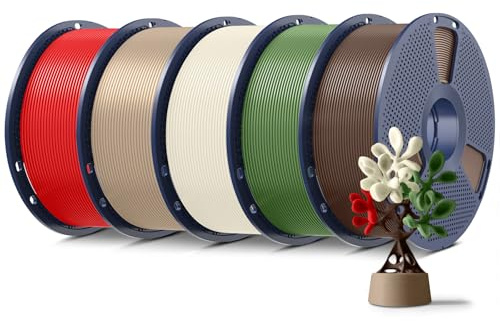 SUNLU 5KG PLA+ Filamentpaket, Förbättrad hållbarhet och hög styrka, PLA Plus 3D-skrivarfilament för 3D FDM-skrivare, 1 kg per spole, 5 rullar, Benvit+Ek+Kaffebrun+Olivgrön+Röd | Ökad hållbarhet och styrka, 1 kg per spole, 5 rullar, benvit+ek+kaffebrun+olivgrön + röd
