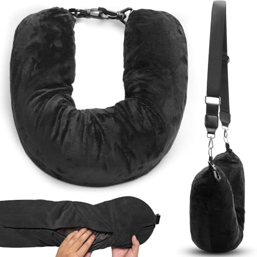 Stuffable Neck Pillow for Travel, Travel Neck Pillows With Adjustable Straps, Travels Pillow Stuffable with Clothes Flight Soft Portable Necks Pillows for Extra Luggage Travels Essentials(Black)