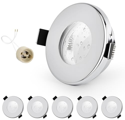 GeyouLux 6x infälld LED-spotlight IP65 ram med GU10-uttag, krom järn takspotlights, platta runda spotlights badrum spotlight 68 mm installationsram för utomhus- inomhus