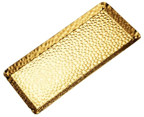 Bandeja decorativa dorada martillada, bandeja rectangular de metal de 24 x 11 cm para tocador, mostrador, cocina o baño