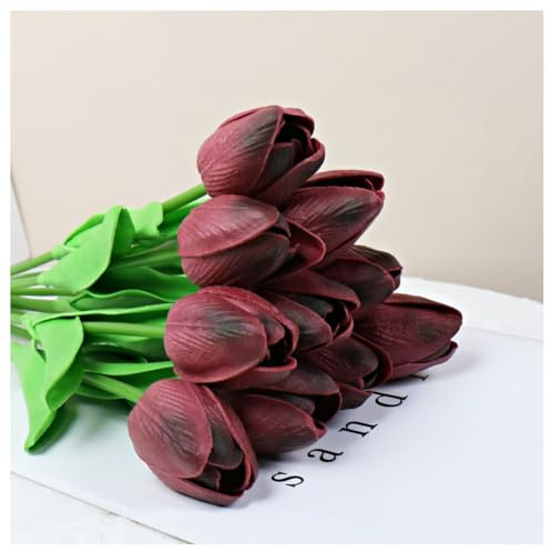 Hrlace Künstliche Tulpen PU Real Touch Latex Gefälschte Tulpen-Blumen Blumensträuße Tulpenstrauß Echte Kunstblume Tulpe für Dekor Hochzeit Hause Wohnzimmer Büro Party Dunkles Burgunderrot 10 Stück