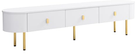 WEALTHKING Moderner TV-Schrank mit 3 Schubladen, abgerundeten Ecken, goldfarbenen Griffen und Beinen, MDF-Korpus in Hochglanzoptik, Glatte Oberfläche, minimalistisches Design, Wohnzimmermöbel (Weiß)