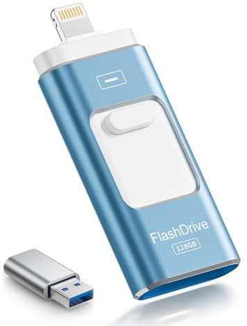 ROSPE MFi Pendrive 128GB para iPhone, Memoria USB Externa para iPhone, Pendrive USB C Lightning Compatible con Phone/iPad, Android y PC, USB 3.0 para Respaldo de Fotos, Videos y Datos de Móvil, Azul | Pendrive USB C Lightning Compatible con Phone/iPad, Android y PC, USB 3.0 para Respaldo de Fotos, Videos y Datos de Móvil