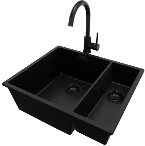 PRIMAGRAN Fregadero bajo Encimera al Mueble 60cm + Grifo, 56x47cm | Set: Grifo BW5010 + Kit de desagüe (sifón, válvula, rebosadero) + London Duo 1,5 Senos Granito, Todo Negro