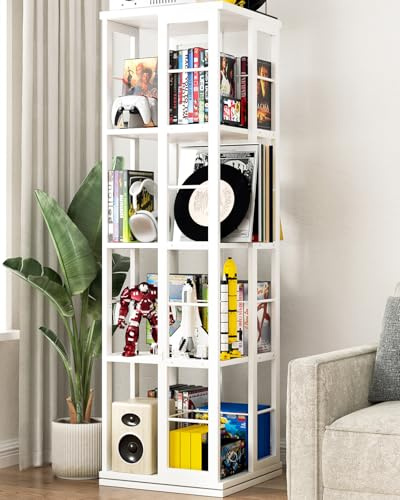 iSunirm Libreria girevole, libreria angolare, libreria in legno con rotazione a 360°, scaffale stretto da terra con ripiani girevoli, organizer per libri e oggetti, ideale per piccoli spazi, bianca