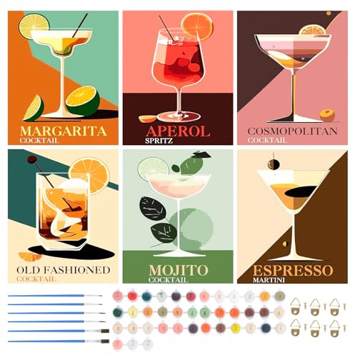 6 Stück Malen Nach Zahlen Erwachsene Cocktail, Malen Nach Zahlen Set 20x30cm, DIY Handgemalt Ölgemälde, Paint by Numbers für Erwachsene Anfänger mit Pinsel Acrylfarben für Dekoration und Geschenk (B)