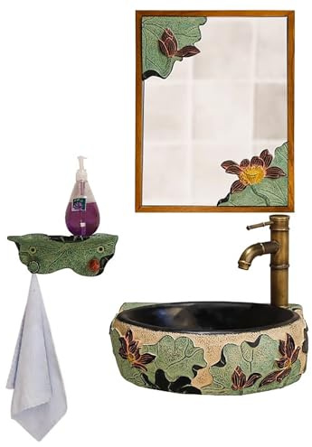 LMXRYPD Lavabo Mural pour Salle de Bain, Vasque à Poser en Résine avec Miroir en Bois Massif, pour Les Petites Salles de Bain et Les Balcons(Yellow)