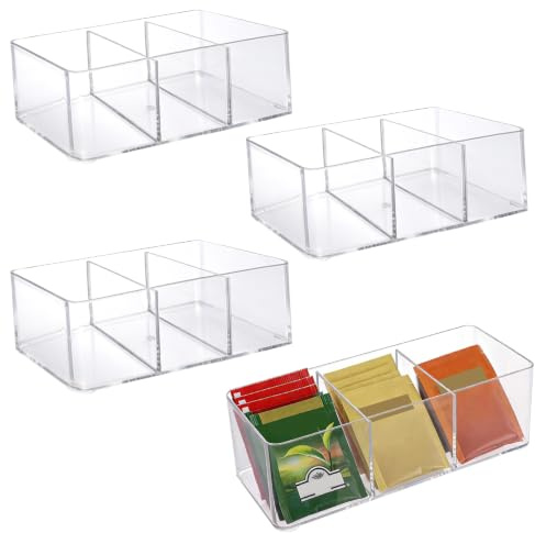 WeeGoo 4 Pack 3 Compartment Acrylic Tea Bag Storage Boxes, 23×9×6 cm | Clear Sugar Packet Organizer, for Teabag, Coffee Bags, Small Item