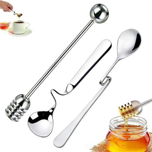 3 cucharas de miel de acero inoxidable y agitador de miel, servidor agitador de miel de acero inoxidable, cuchara de miel, cuchara de azúcar en espiral, cuchara de té helado, cucharas de café para
