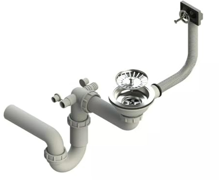 QLS Einbecken-Siphon manuell 3 1/2 Zoll platzsparend Chrom | Platzsparende Bauweise aus PVC und Edelstahl mit Anschluss für Geschirrspüler, Waschmaschine, inkl. Montageset und Dichtungen