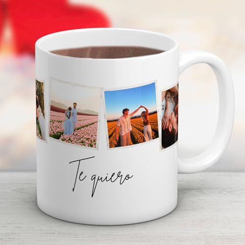 Cristal Plaque - Taza Cerámica Personalizada para Familia con 4 Fotos y Dedicatoria | Taza Personalizada Parejas| Regalo Original para Aniversario, San Valentín o Cumpleaños