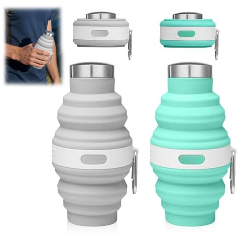 Yadiraom Taza plegable, 2 piezas de botellas plegables de 475 ml, con mosquetón, tazas plegables de silicona para caminatas, camping, viajes, botella de agua plegable ligera, botella de agua plegable