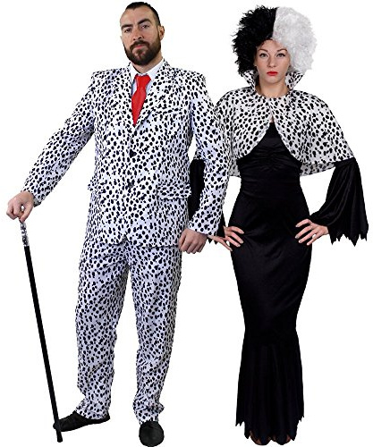 Déguisement pour couple adulte style dalmatien avec pour l'Homme XXL une veste et un pantalon + cravate rouge et pour la Femme XL une robe noire + une cape couvre épaules + une perruque.