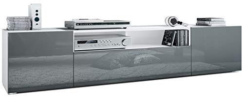 Vladon Mogan Lowboard, TV Unit with 2 Doors, 1 Drop-Down Door and 1 Open Compartment, White matt/Grey High Gloss (181 x 39 x 35 cm)