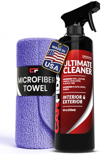 Carfidant Car Interior Cleaner – Stain Remover & Odor Eliminator – No Residue Finish – Safe on Leather, Fabric, Carpet & Plastic – Detailing Spray with Microfiber Towel – 18oz