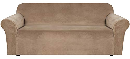 H.VERSAILTEX Stretch Velvet Sofa Covers for 3 Cushion Couch Covers Sofa Slipcovers Furniture Protector Soft with Non Slip Elastic Bottom, Crafted from Thick Comfy Rich Velour (Sofa 72-90, Camel)