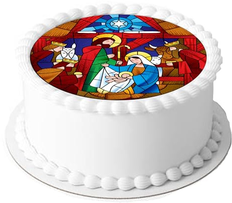 Stained Glass Effect Traditional Christmas Nativity Scene 7.5 inch Circle on Decor Icing Sheet Edible Cake Topper - Perfect for Decorating Larger Cakes