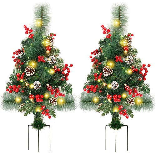 Lulu Home 2 Pack 2 Ft Pre-Lit Pathway Christmas Trees with Stake, Battery Operated 60 LED Lighted Small Christmas Trees Yard Stake Outdoor Decoration with Red Berries, Red Balls, Pine Cones