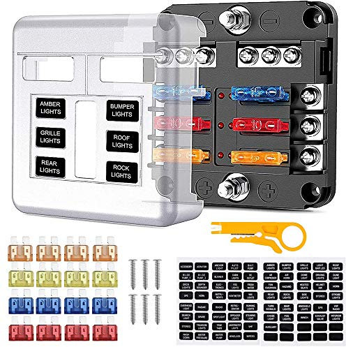 6 Voies Boîte à Fusibles, Porte Fusible avec Bus Négatif, Blocs Fusible Lame avec 16 Fusibles 6 Voyants LED Couvercle de Protection pour 12V/24V Voiture Automobile Bateau Marine Camion SUV