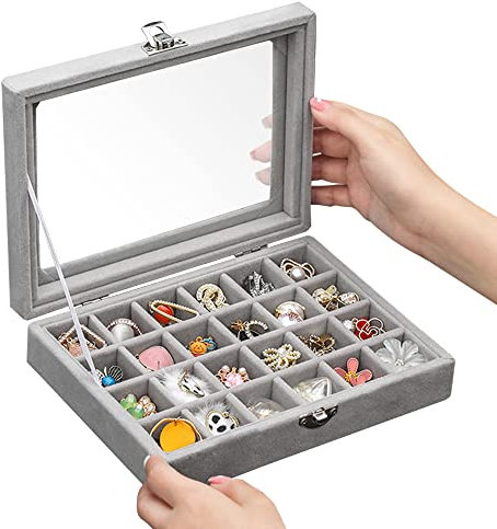 EMAGEREN Bandeja Joyas Terciopelo Gris Joyero de Terciopelo de 24 Rejillas Organizador Pendientes Bandeja con Tapa de Vidrio Bandeja de Almacenamiento para Pendientes para Anillo Pendiente Collar