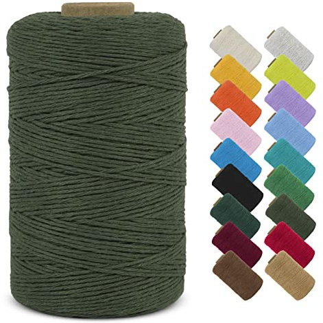 LEREATI Makramee Garn 1mm x 390m Baumwollgarn Geflochten Baumwollschnur Natürliche Baumwolle Garn, Bunt Macrame Cord 1mm für DIY Stricken Wandbehang Vorhang Hängepflanze Handtasche (Armeegrün)
