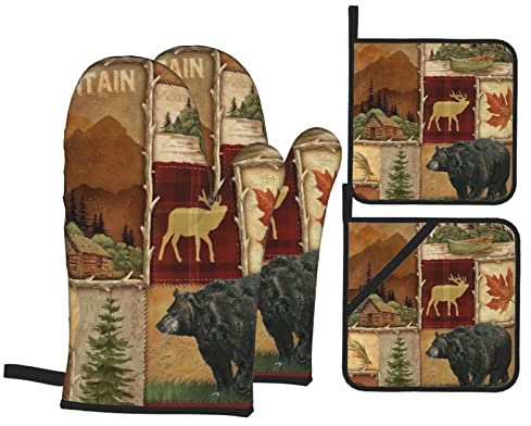 Handschuhe Und Topflappen-Set, Bauernhaus, Ahornblatt, Bär, Elch, Hirsch, Landhausstil Ofenhandschuhe Set Waschbarer Backhandschuhe Stylische Kochhandschuhe Für Kitchen Kochen Grillen